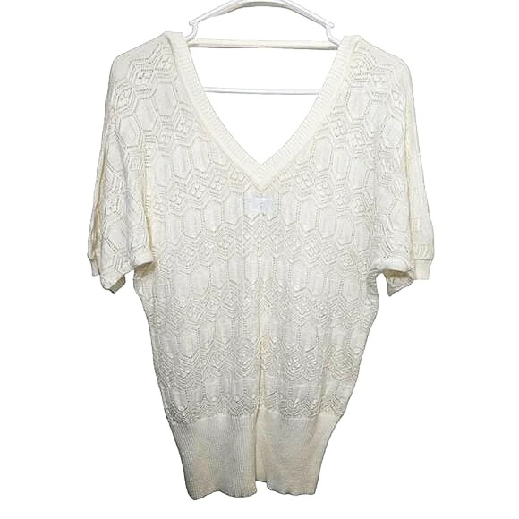 Finn Flare Large Women's Sweater Short Sleeve Cream Shear V-Neck Grandma Scandi - Picture 8 of 8